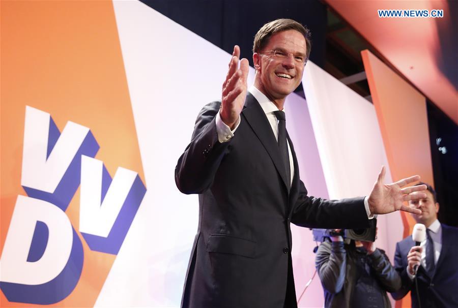 Dutch Prime Minister and People's Party for Freedom and Democracy VVD leader Mark Rutte gestures during election night for his liberal rightist party VVD in The Hague, the Netherlands, on March 15, 2017. 