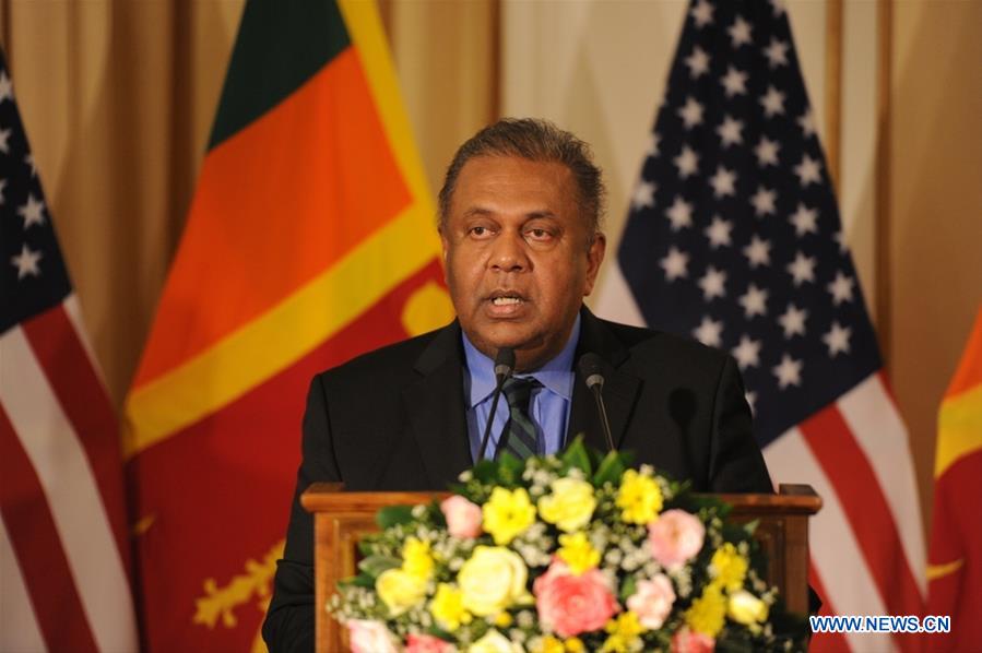 Sri Lankan Foreign Minister Mangala Samaraweera speaks during a press conference after a meeting with U.S. delegates in Colombo, Sri Lanka, July 12, 2016.