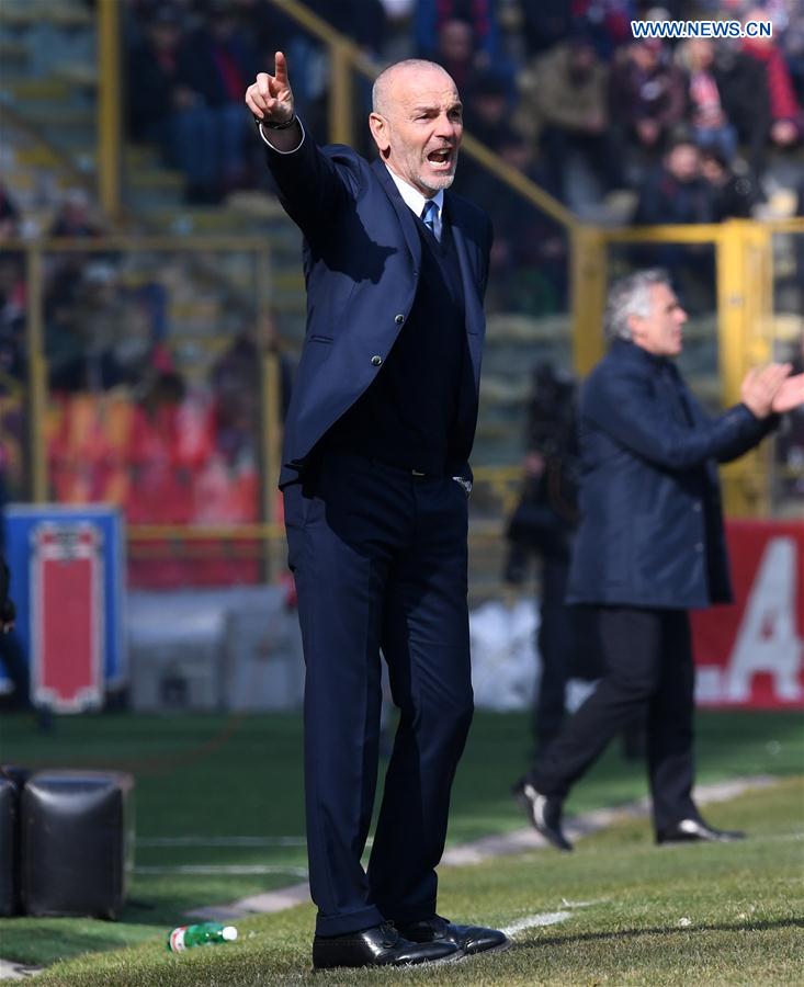 Inter Milan's head coach Stefano Pioli gestures during a Serie A soccer match between Inter Milan and Bologna in Bologna, Italy, Feb. 19, 2017. 