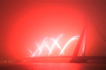 Fireworks seen on Erasmus Bridge in Rotterdam