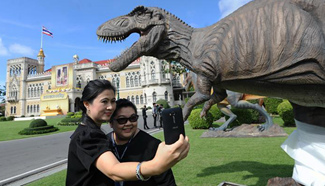Dinosaur models seen in Bangkok before Thai Children's Day
