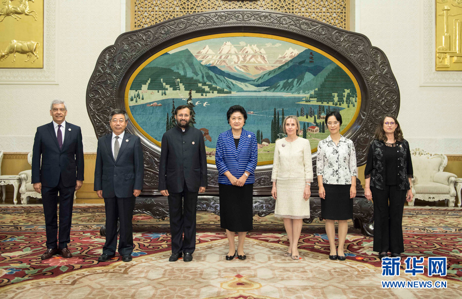 7月5日，國務院副總理劉延東在北京人民大會堂會見第五屆金磚國家教育部長會議外方代表團團長。 新華社記者 李濤 攝