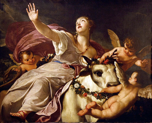 在希腊神话中,宙斯化身公牛接近美丽的欧罗巴公主,骗得公主的喜爱