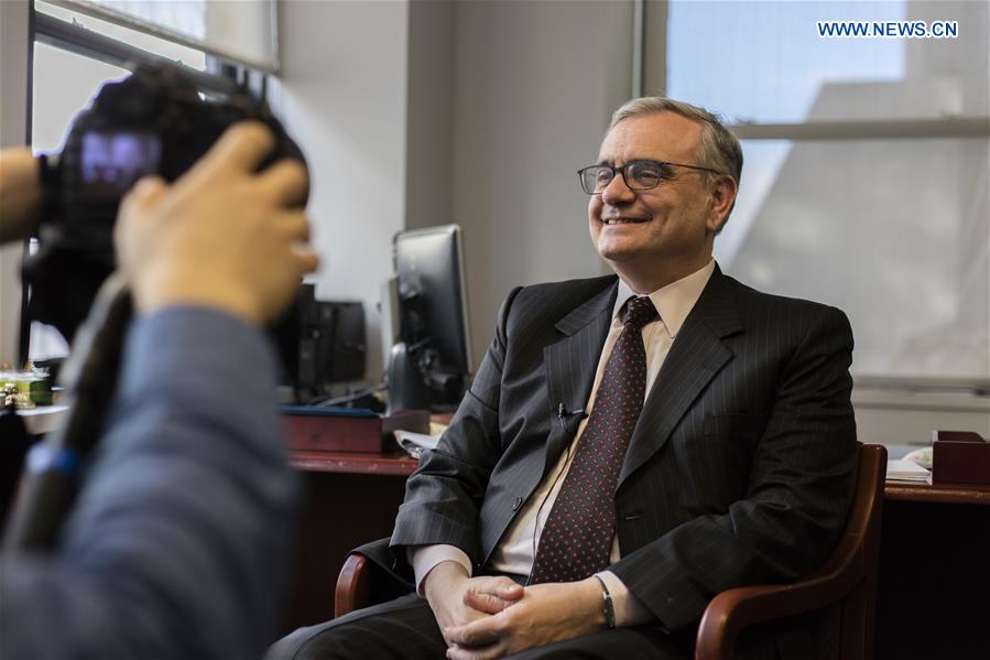 Jorge Chediek, the UN secretary-general's envoy on South-South cooperation, speaks during an exclusive interview with Xinhua News Agency in New York, the United States, on March 3, 2017. 