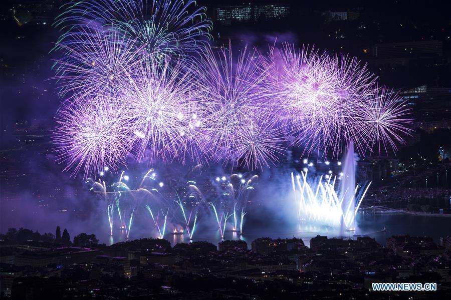 Fireworks illuminate sky during Geneva Festival in Switzerland Xinhua