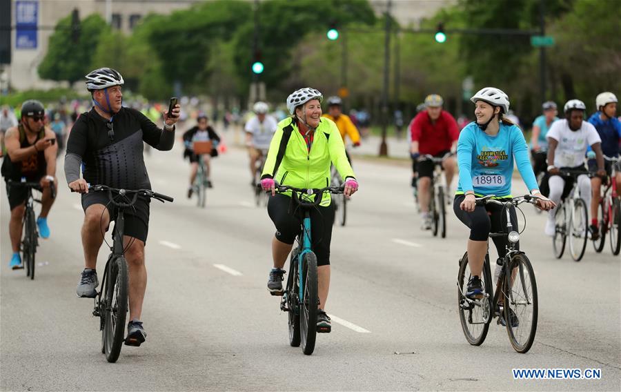 Cyclists participate in Bike the Drive on Lake Shore Drive in Chicago