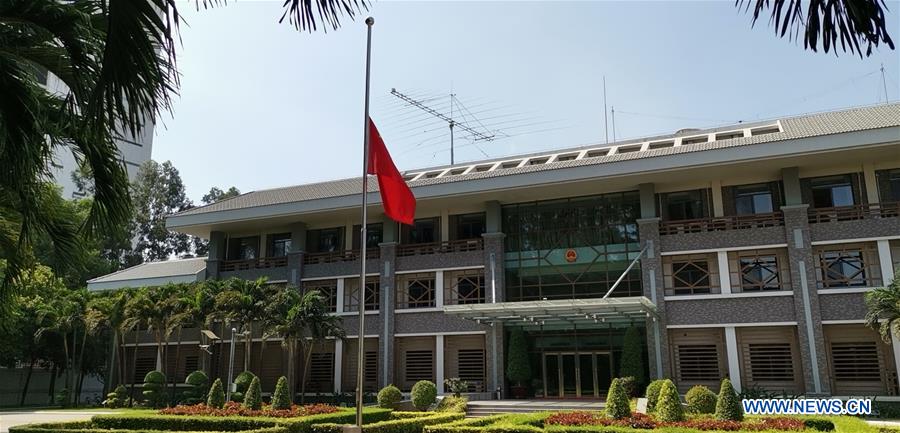 CAMBODIA-PHNOM PENH-COVID-19-CHINESE EMBASSY-NATIONAL FLAG-HALF-MAST