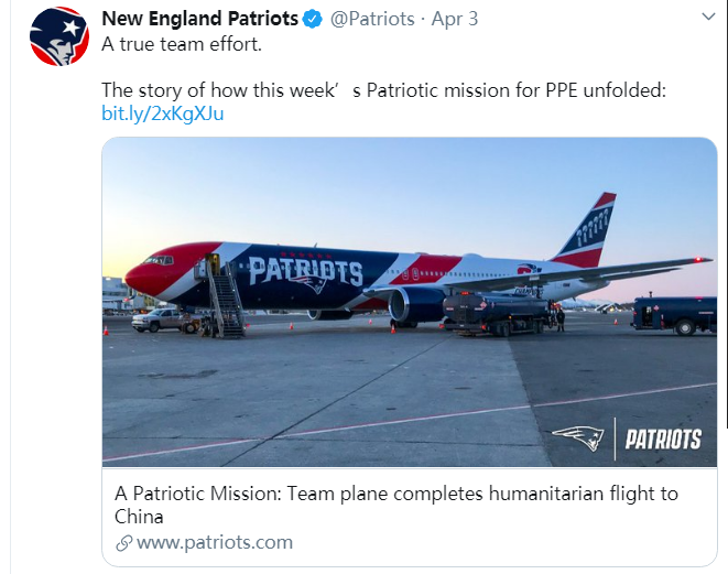 A Patriots plane full of 1 million N95 masks from China arrived