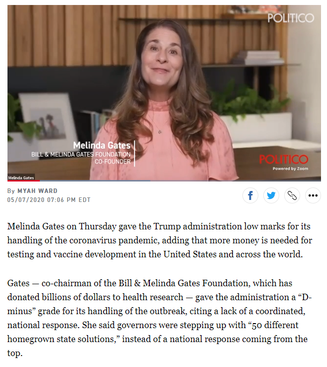 melinda gates gives u.s. administration "d-minus"