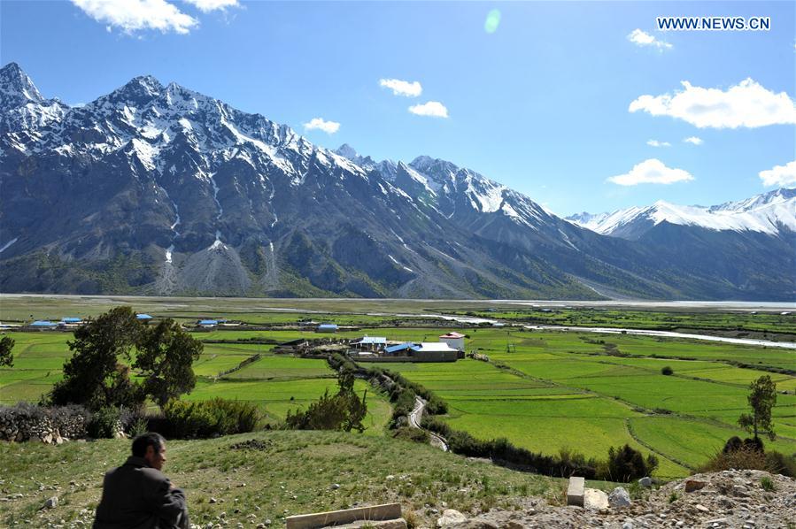 Photo taken on June 4, 2016 shows glacier and farmland near Ranwu Lake in Basu County of Chamdo City, southwest China's Tibet Autonomous Region.