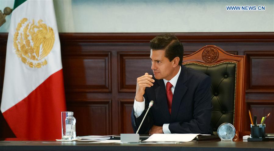Image provided by Mexico's Presidency shows Mexican President Enrique Pena Nieto attending a meeting with the members of his Cabinet at the Official Residence of Los Pinos, in Mexico City, capital of Mexico, on June 17, 2016.
