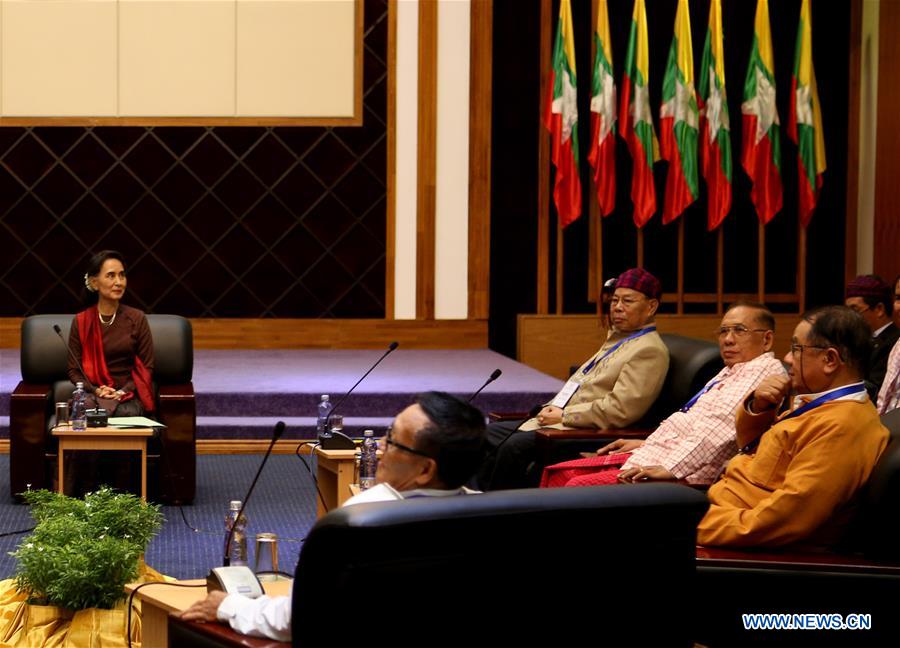 U Kyaw Tint Swe (C), Minister of the State Counselor' Office, attends a meeting between Myanmar State Counsellor Aung San Suu Kyi and leaders of the United Nationalities Federal Council (UNFC) in Yangon, Myanmar, July 17, 2016.