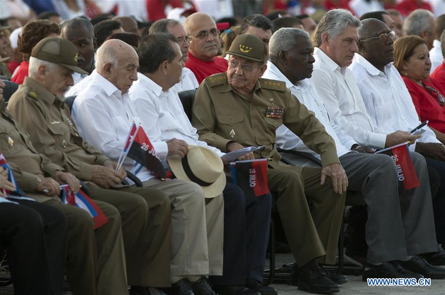 Cuban President Raul Castro (R, front) attends a commemoration ceremony of the National Rebellion Day in Sancti Spiritus, Cuba, on July 26, 2016.
