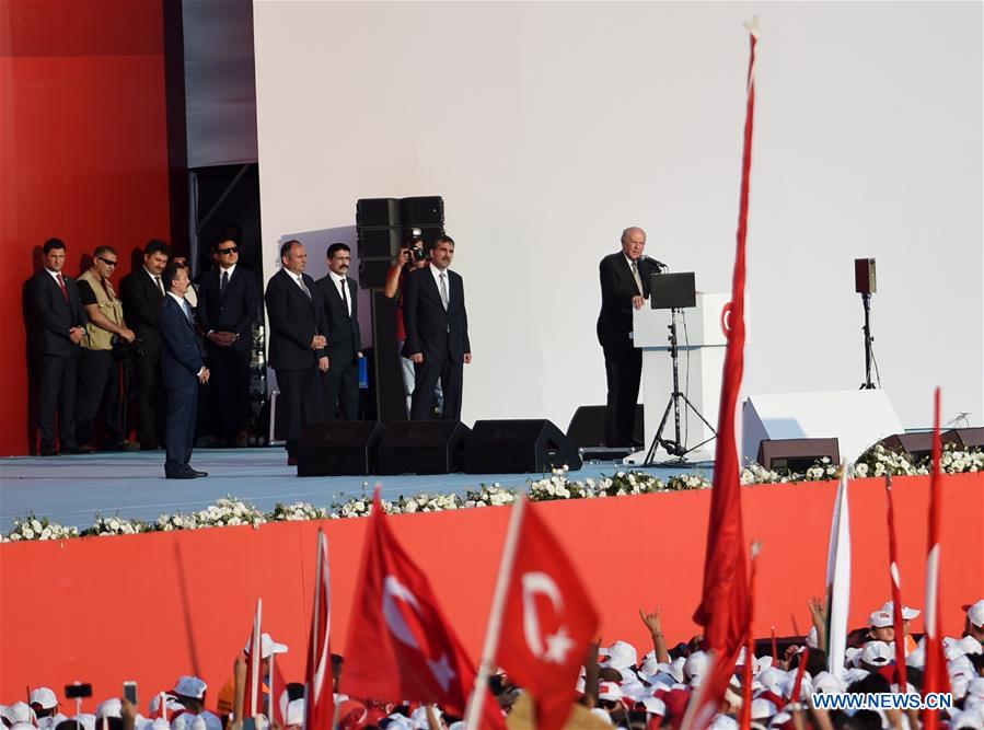 Devlet Bahceli, leader of Turkey's opposition Nationalist Movement Party, delivers a speech at a rally against the failed military coup on July 15 in Istanbul's Yenikapi square, Turkey, on Aug. 7, 2016.