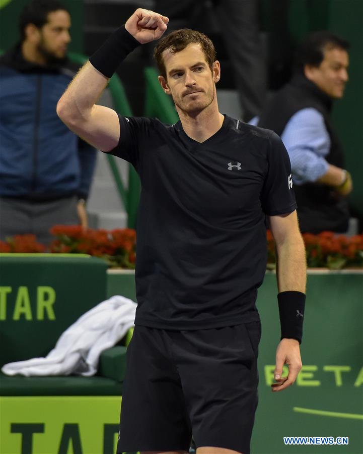 Andy Murray of Britain celebrates after the men's singles semifinal with Tomas Berdych of the Czech Republic at the ATP Qatar Open tennis tournament in the Khalifa International Tennis Complex in Doha, capital of Qatar, on Jan. 6, 2017. Andy Murray won 2-0.(Xinhua/Nikku)