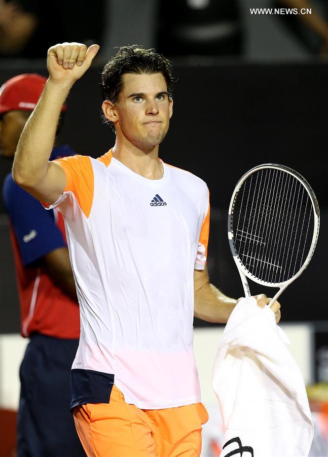 Dominic Thiem of Austria celebrates after winning the 2nd round singles match against Dusan Lajovic of Serbia at the 2017 ATP Rio Open tennis tournament held at the Brazilian Jockey Club in Rio de Janeiro, Brazil, on Feb. 23, 2017. 