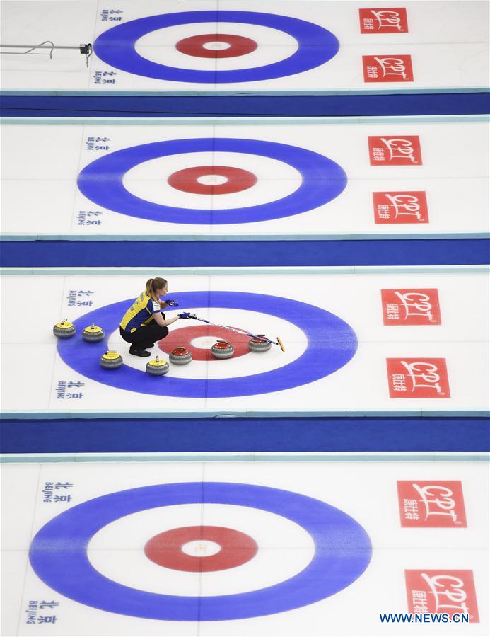 Sara McManus of Sweden competes during the bronze medal match against Scotland at the CPT World Women's Curling Championship 2017, in Beijing, capital of China, March 26, 2017. 