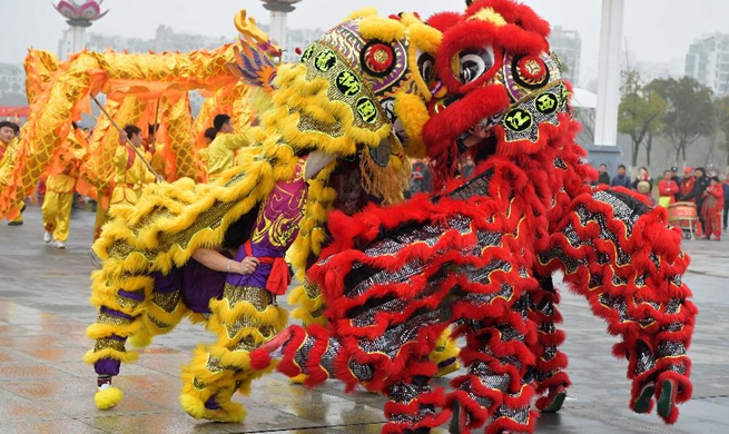 Performers present Lion and dragon dance to celebrate Chinese new year in E China's Jiangxi