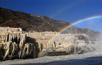 Rainbow arching over Hukou Waterfall of Yellow River