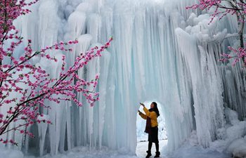Scenery of frozen waterfall in China's Hebei