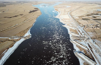 Segment of Yellow River in Ningxia jammed by floating ice