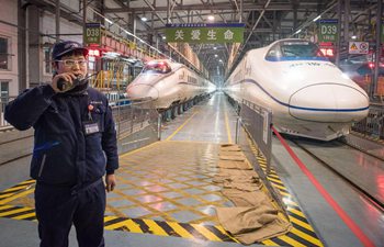 Workers check bullet trains before Spring Festival travel rush