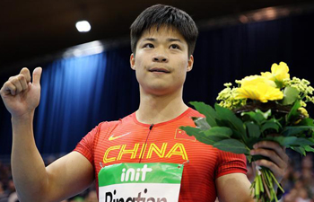 Su Bingtian wins Men's 60m final of 2018 IAAF World Indoor Tour in Germany