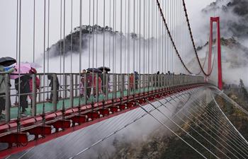 Tourists walk on pedestrian suspension bridge in E China