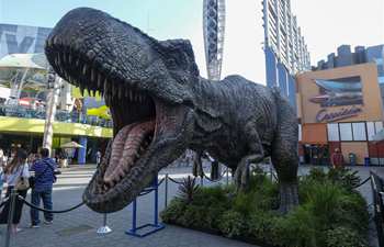 Giant Tyrannosaurus rex statue displayed in Los Angeles for movie promotion