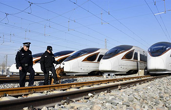 Railway policemen work to ensure safety for Spring Festival travel rush in Beijing
