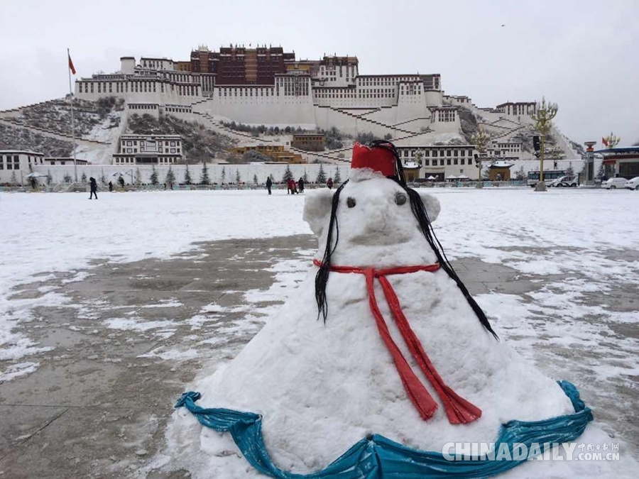 2015年1月8日,一个雪人被堆起在拉萨布达拉宫前 华旦尼玛 摄