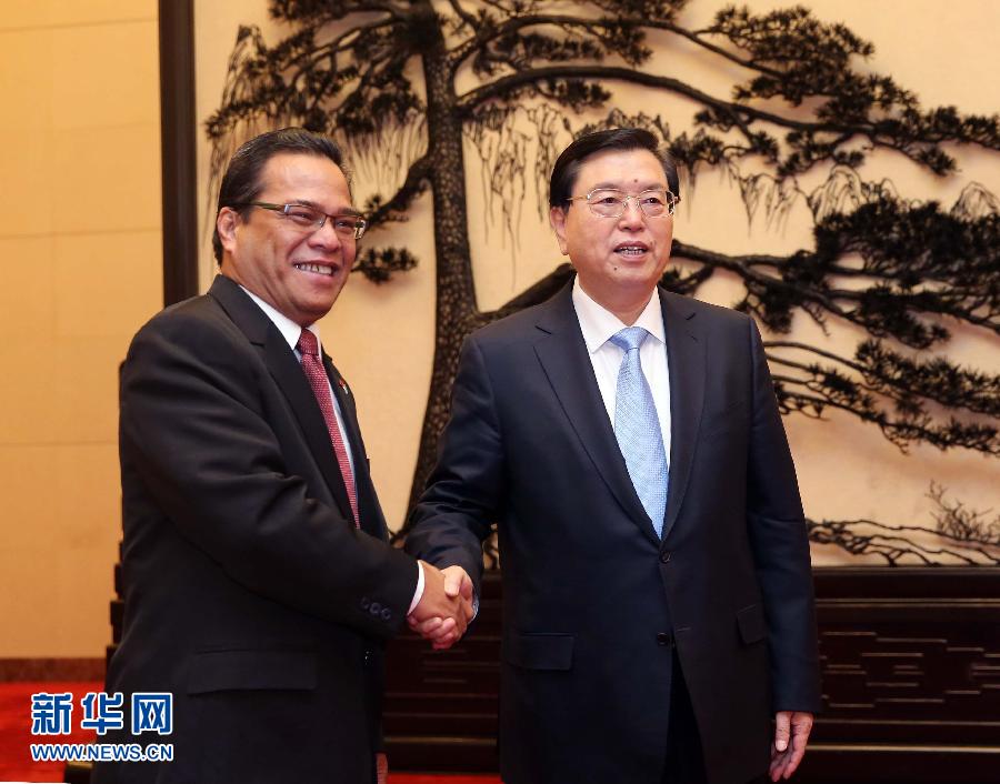 11月27日，全国人大常委会委员长张德江在北京人民大会堂会见密克罗尼西亚联邦议长西米纳。 新华社记者刘卫兵摄