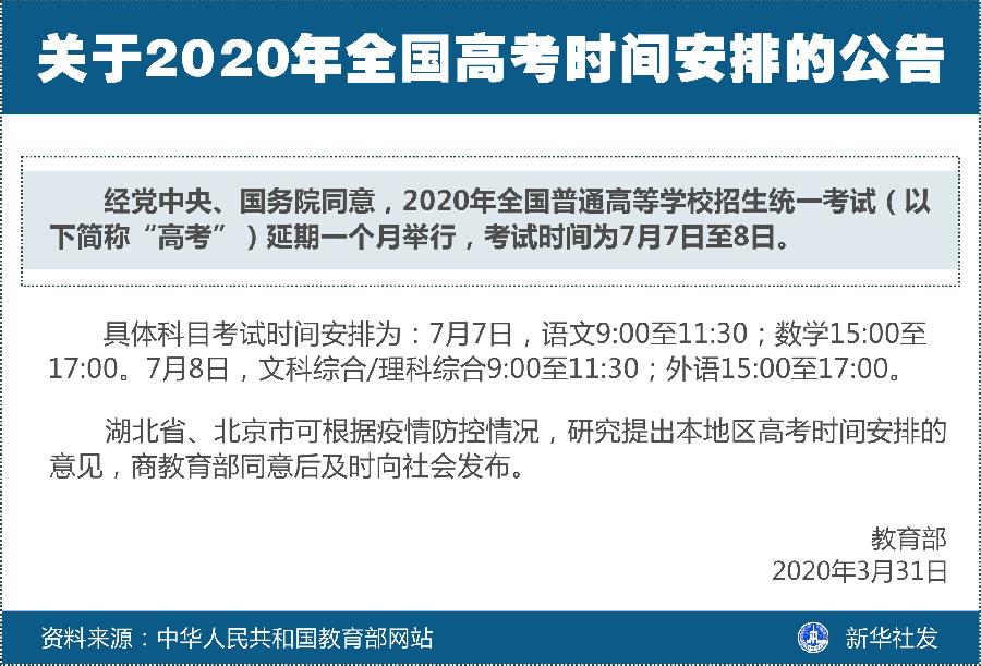 教育部：关于2020年全国高考时间安排公告 