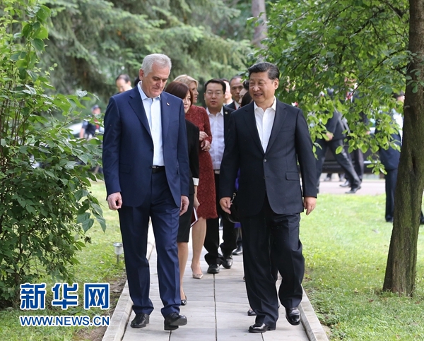 当地时间6月17日，国家主席习近平同塞尔维亚总统尼科利奇在贝尔格莱德举行会晤。 新华社记者 丁林 摄 