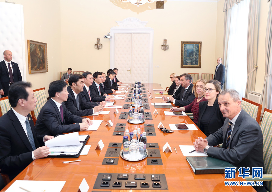 4月14日，應邀訪問斯洛文尼亞的國務院副總理張高麗在盧布爾雅那會見斯洛文尼亞總統帕霍爾。 新華社記者王曄攝